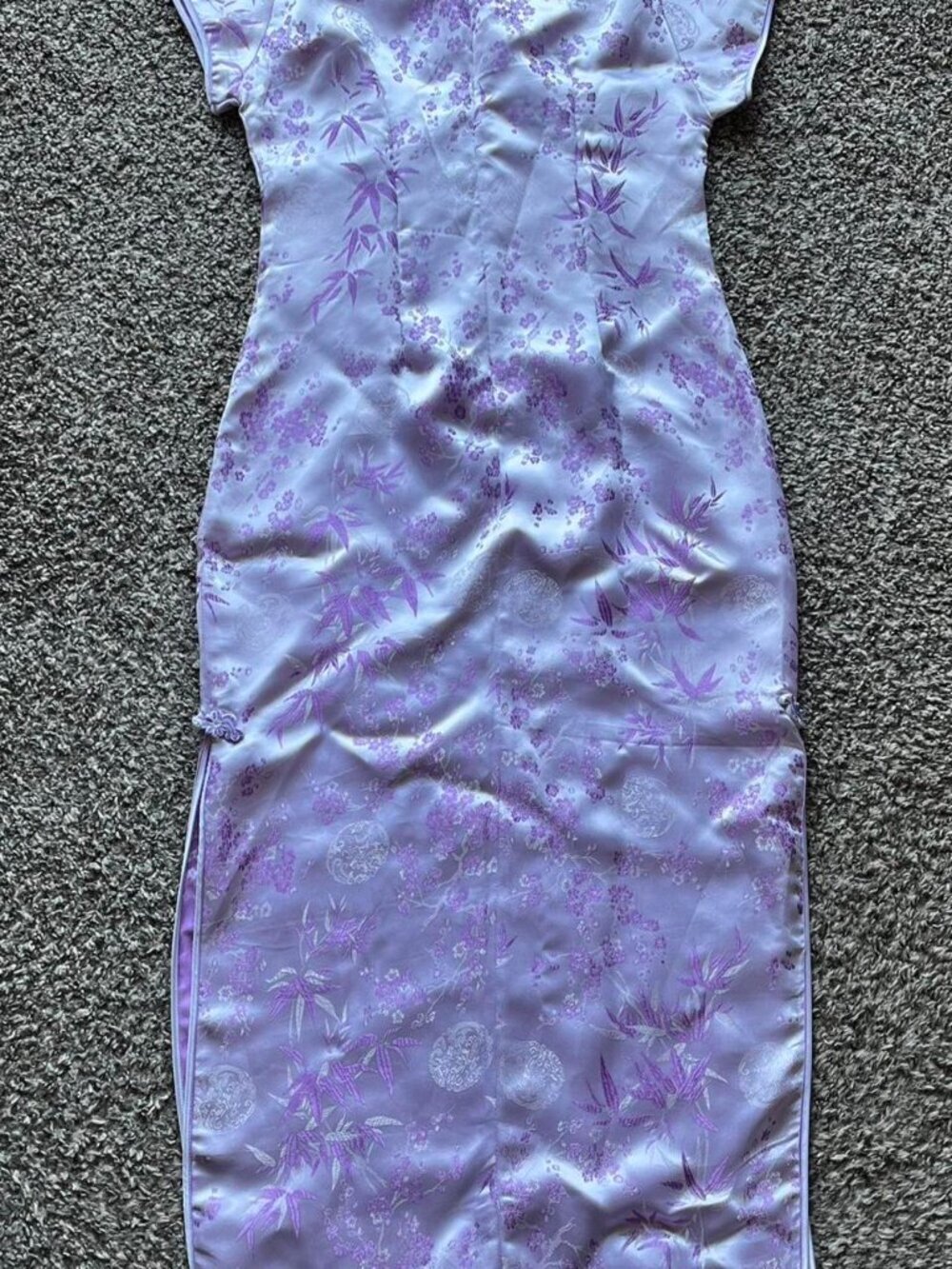 Purple Silver Floral Satin Cheongsam Dress Korean Floral Kawaii Elegant Formal - Picture 6 of 7
